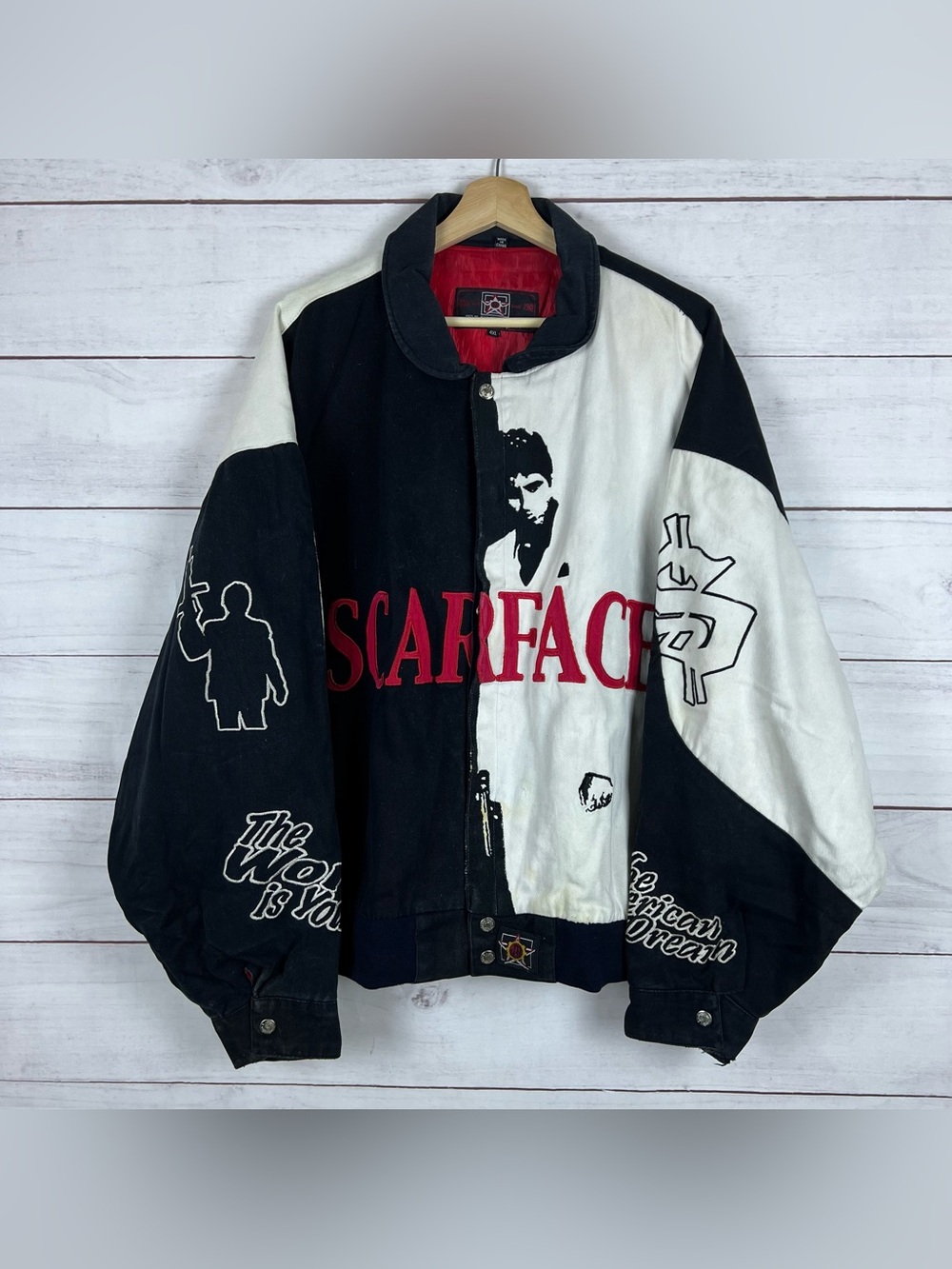 Vintage JH Designs Denim Scarface Jacket Size 4XL Jeff Hamilton Black Red White